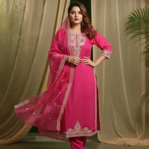 CLOA Pack of 3 Embroidered, Embellished, Solid Silk Blend Straight Kurta for Women With Attached Dupatta (Pink)