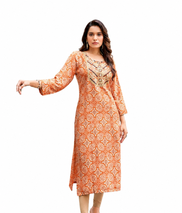 CLOA Women Orange Floral Print Rayon Kurti