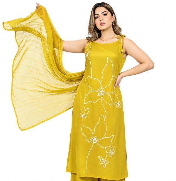 CLOA Women’s Yellow Floral Embroidered Kurta Palazzo Set with Dupatta