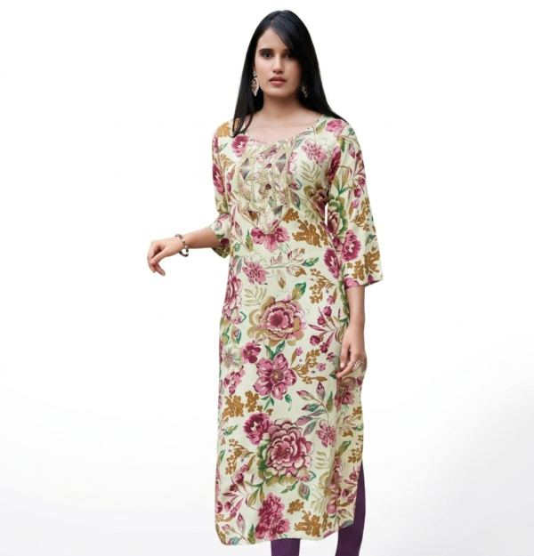 CLOA Women Floral Printed Rayon Straight Kurti with 3/4 Sleeves