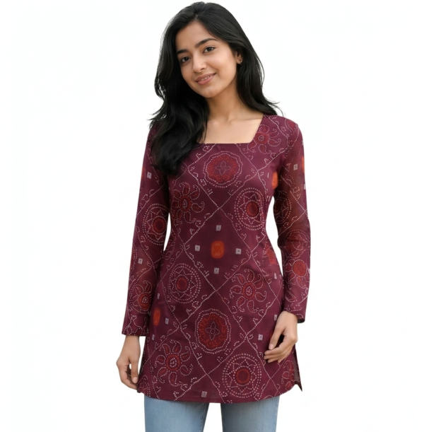 CLOA Maroon Bandhani Print Lace-Up Back Kurti