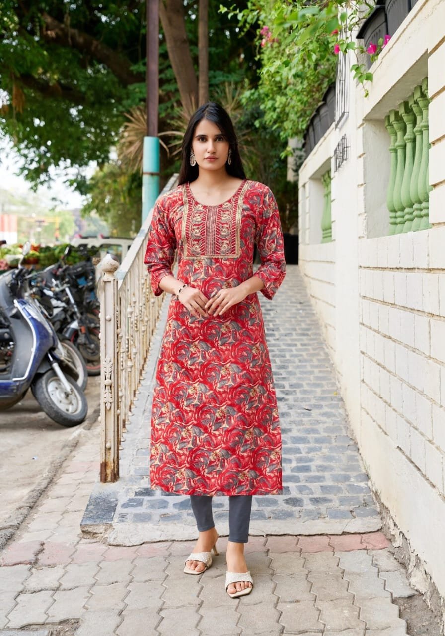 CLOA Women Orange Floral Print Rayon Kurti (Copy)