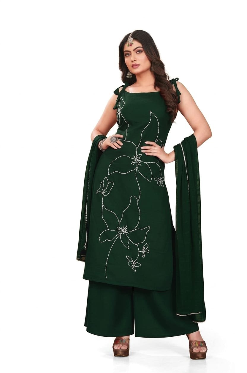 CLOA Women’s Dark Green Floral Embroidered Kurta Palazzo Set with Dupatta