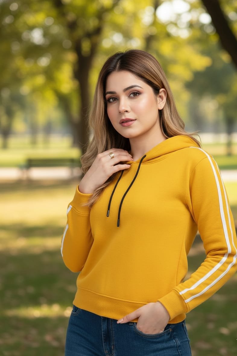 🌼 CLOA Women Mustard Yellow Floral Hooded Sweatshirt with White Striped Full Sleeves 💛✨