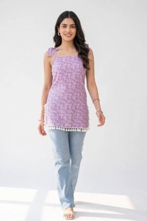 CLOA Lavender Floral Sleeveless Short Kurti for Women 🌸