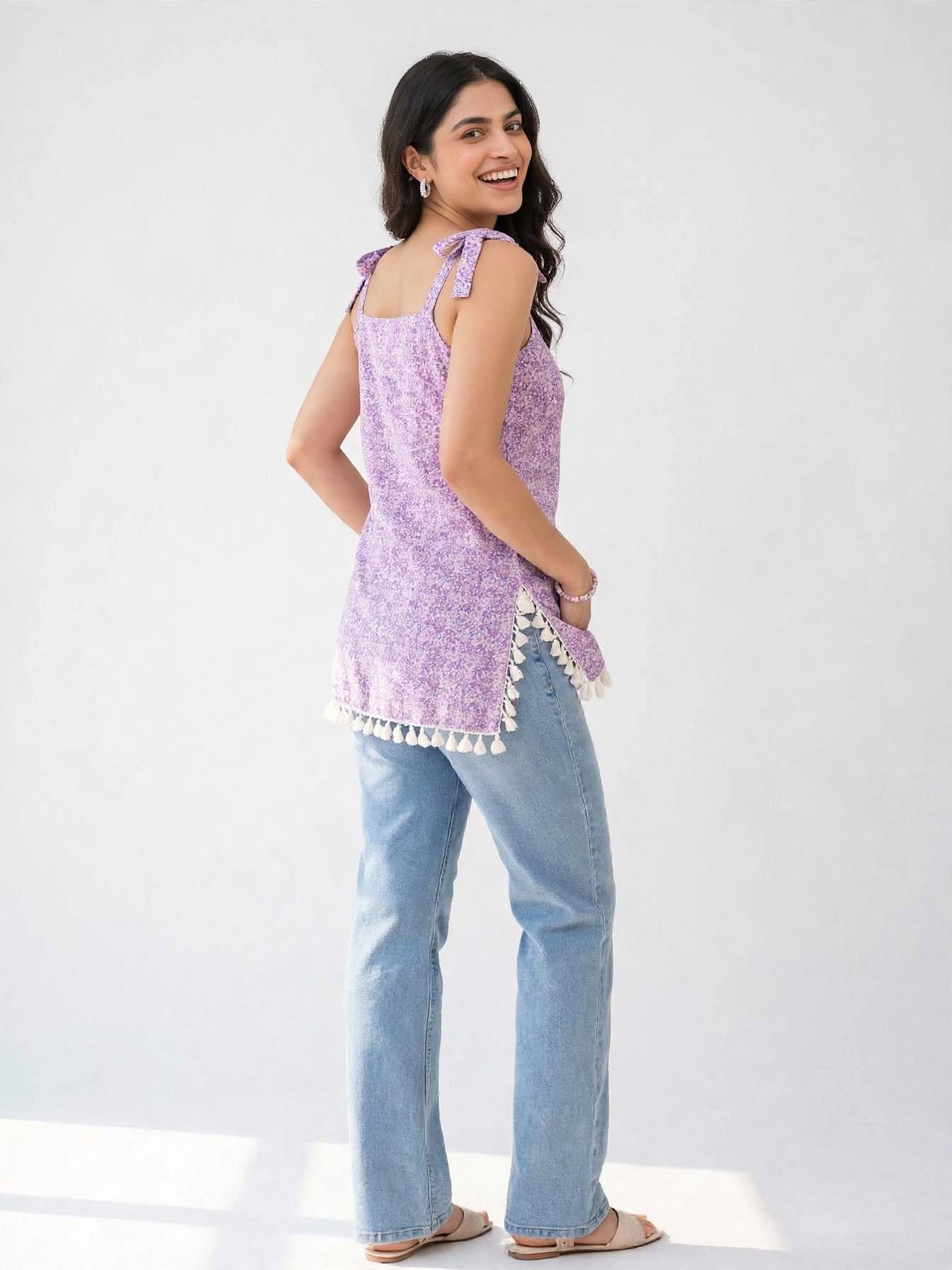 CLOA Lavender Floral Sleeveless Short Kurti for Women 🌸 - Image 2