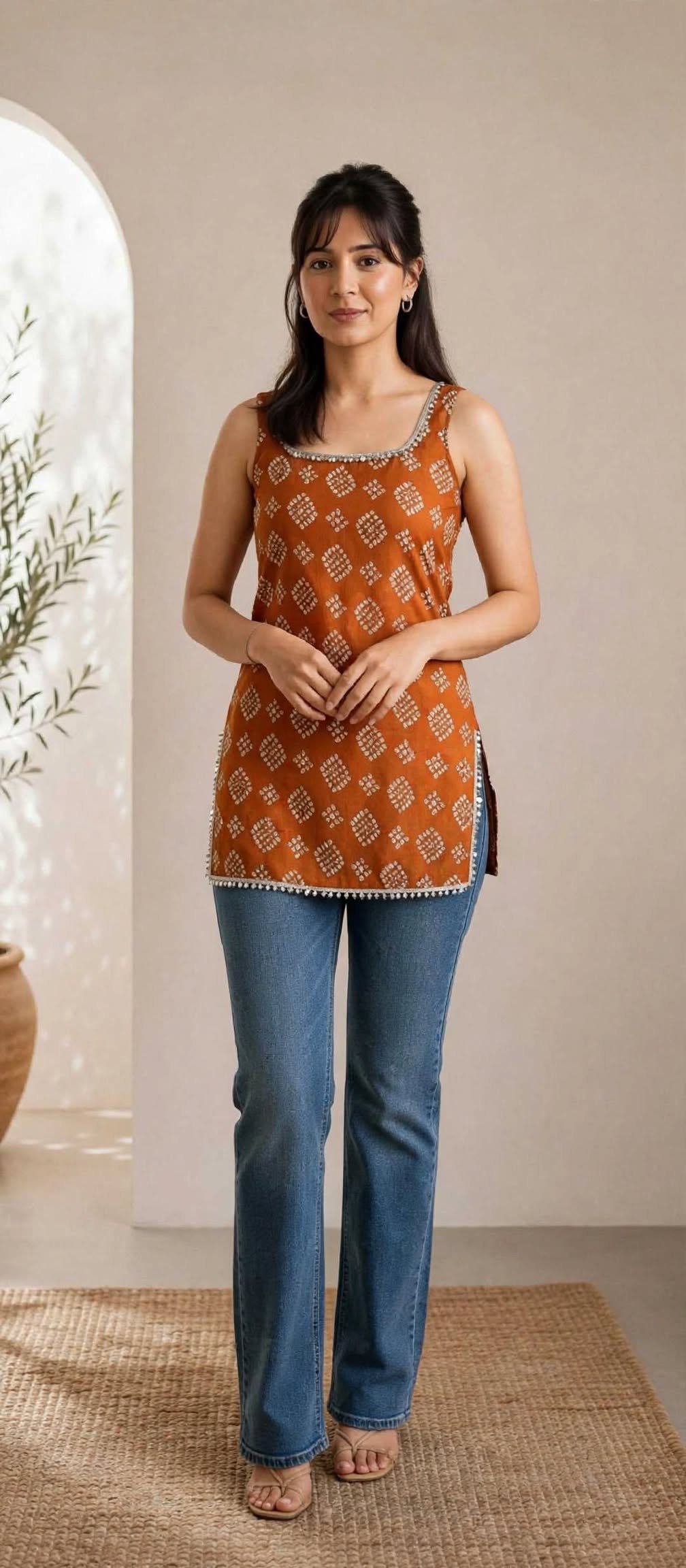 Rust Orange Bandhani Print Sleeveless Kurti for Women with Mirror Work Neckline - Image 2