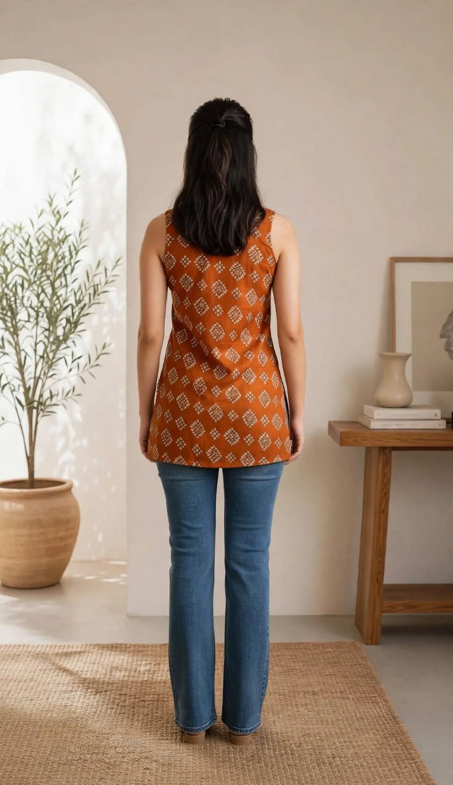 Rust Orange Bandhani Print Sleeveless Kurti for Women with Mirror Work Neckline - Image 4