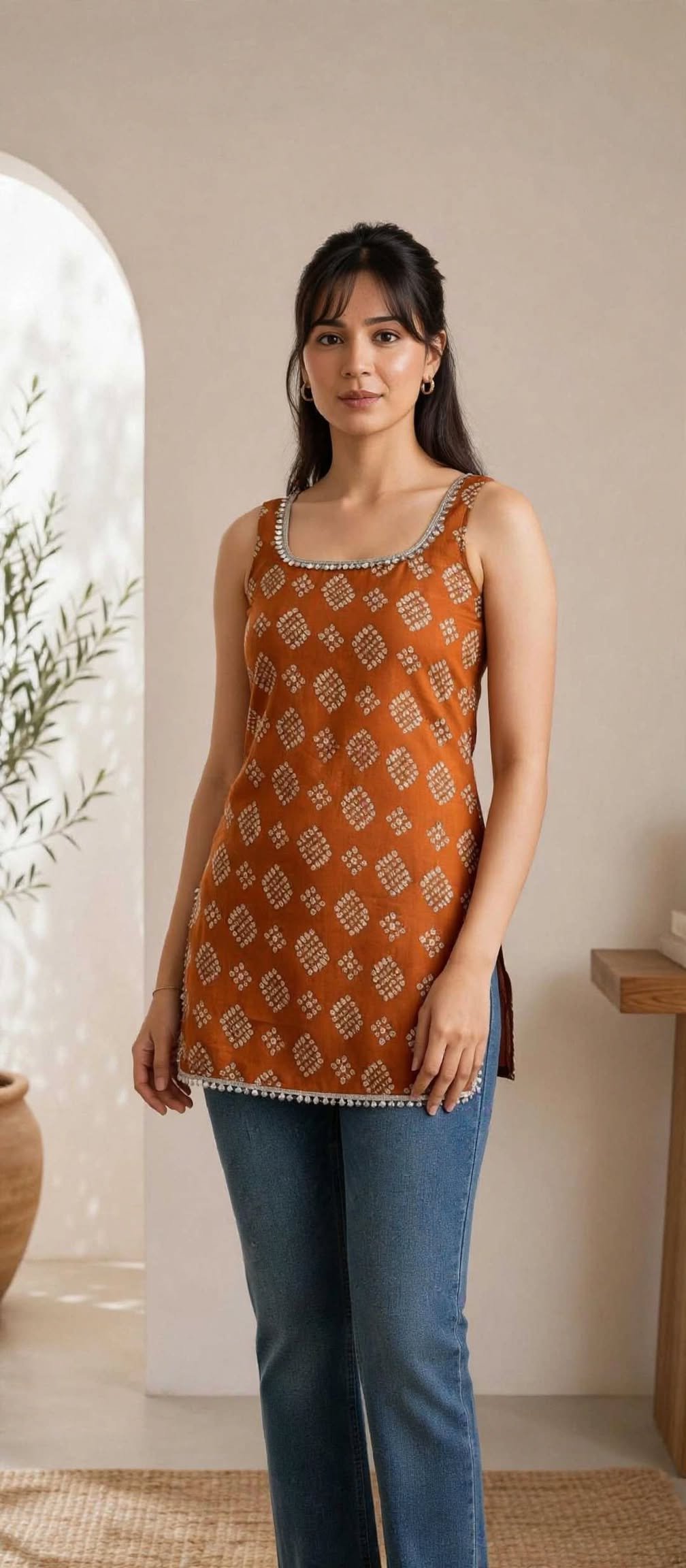 Rust Orange Bandhani Print Sleeveless Kurti for Women with Mirror Work Neckline