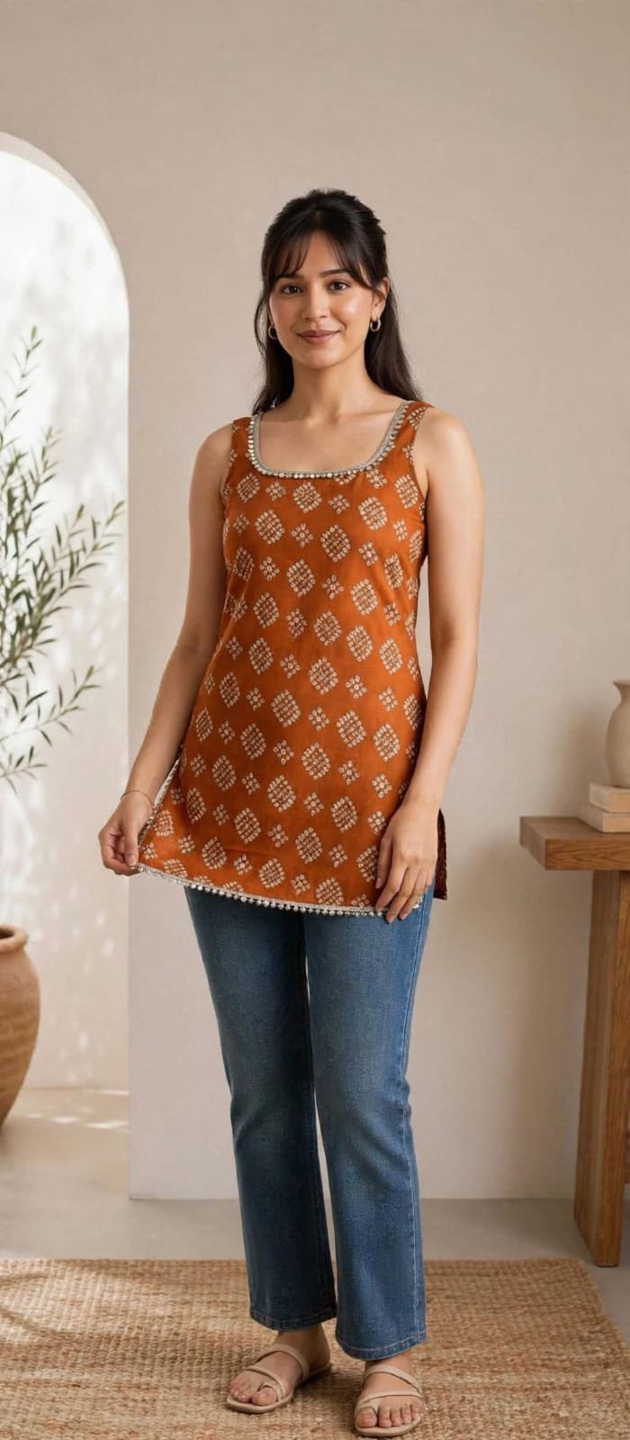Rust Orange Bandhani Print Sleeveless Kurti for Women with Mirror Work Neckline - Image 5