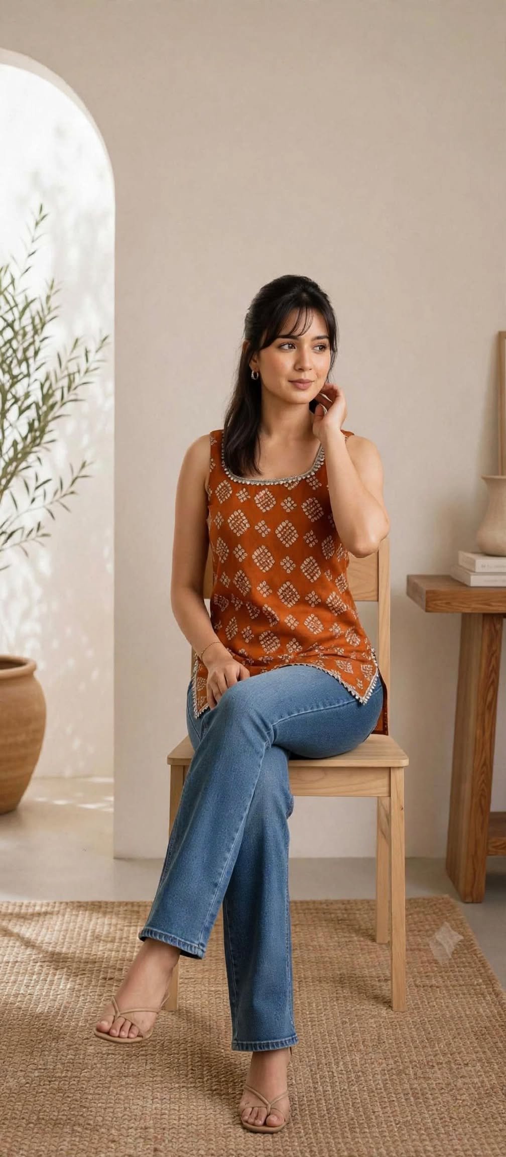Rust Orange Bandhani Print Sleeveless Kurti for Women with Mirror Work Neckline - Image 3